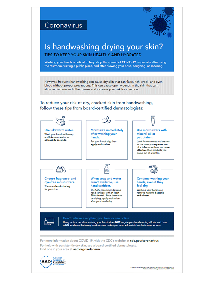 Infographic providing tips to help keep your skin healthy and hydrated during the frequent COVID-19 (Coronavirus) handwashing.