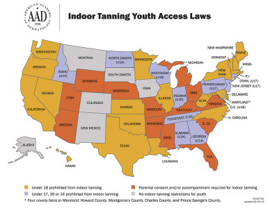 United States indoor tanning map, states with indoor tanning youth access laws