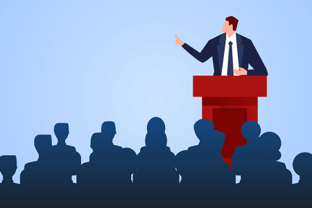 Illustration of male standing at podium making a speech.