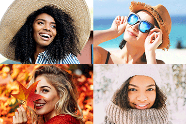 Collage of women wearing clothing to protect their skin from the sun