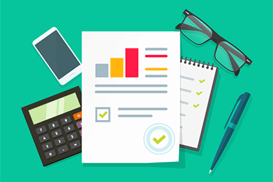 Illustration of a work desk, with paperwork, research, report data chart, calculator, and notepad.