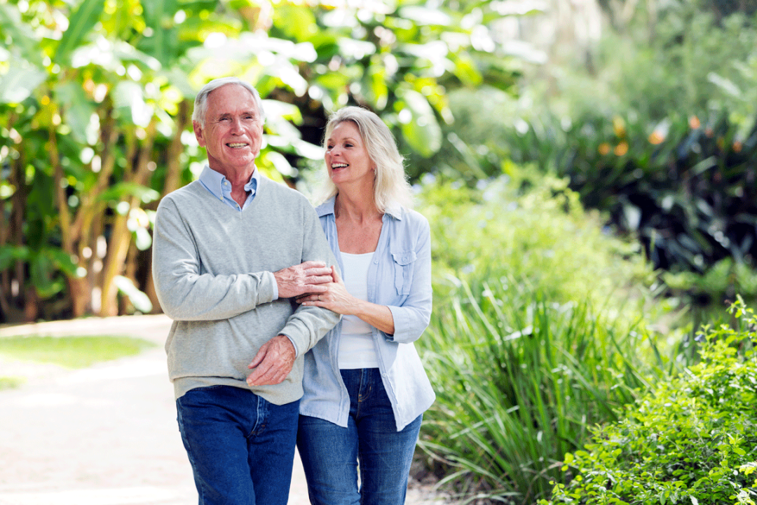 Portrait of senior couple walking together in the park