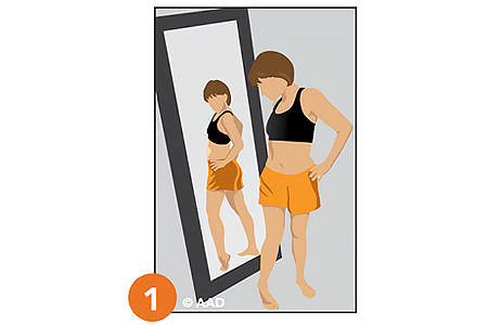 Illustration of a person examining their body for signs of skin cancer in a full-length mirror