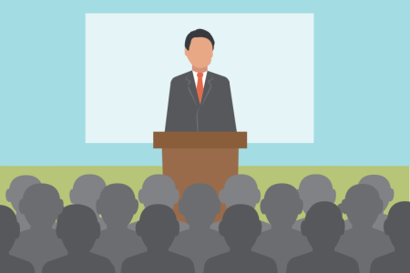 Illustration of a speaker standing behind a podium during a conference.