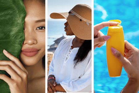 Woman using shade, clothing, and sunscreen for sun protection.